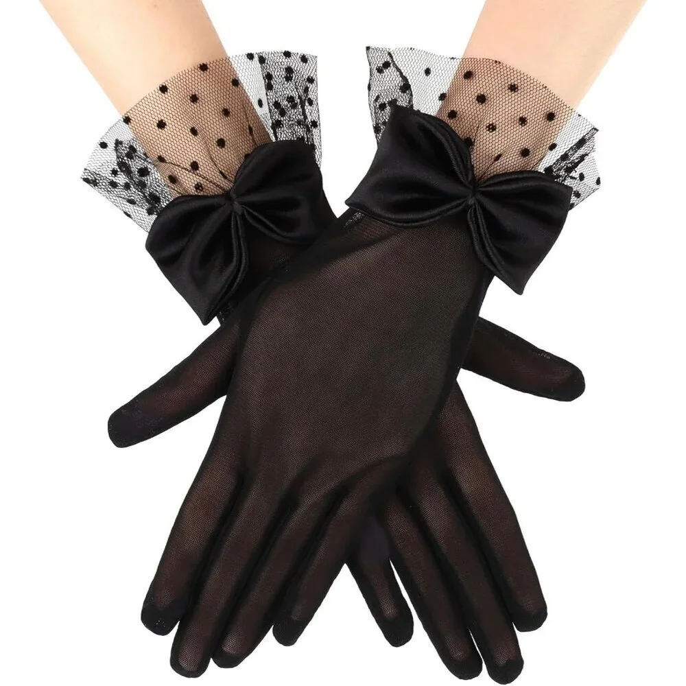 Women's Black Bow Short Lace Veil Feather Derby Tea Party Elegant Gloves Styles